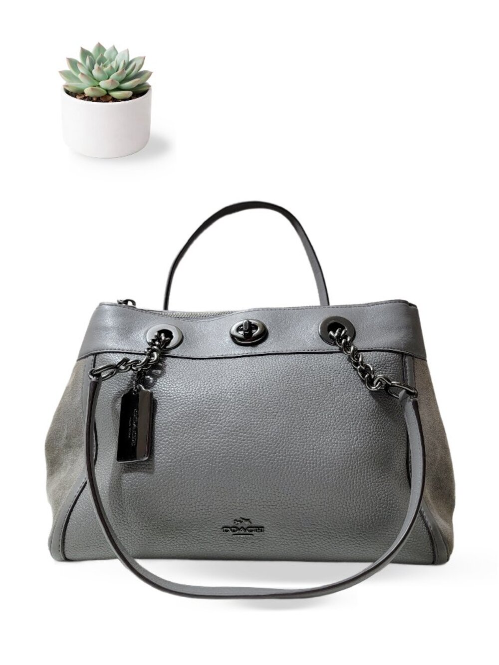 Coach Turnlock Edie Carryall 20165 Grey Pebbled Leather Suede Shoulder Bag